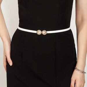 2/$30 Thin White Belt Pearl Gold Buckle PU Leather OS For Dress Pants Outfit